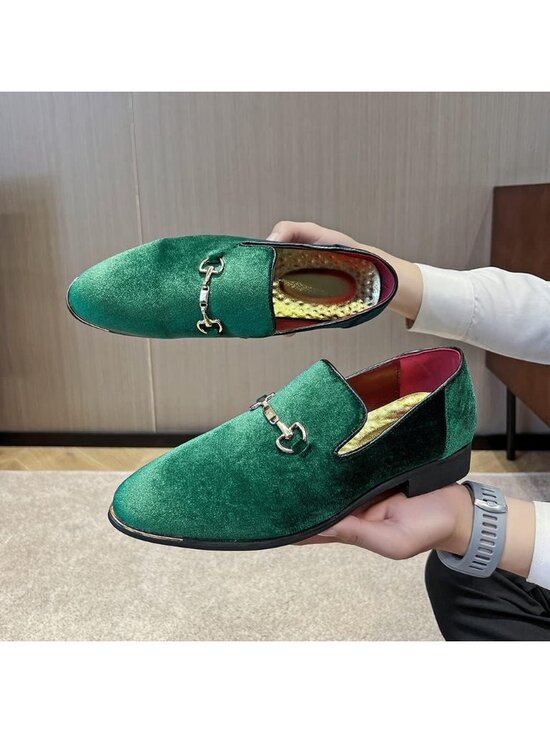 Men\'s Green Velvet Penny Loafers Metal Buckle Slip On Luxury Suede Formal Shoes main image 3
